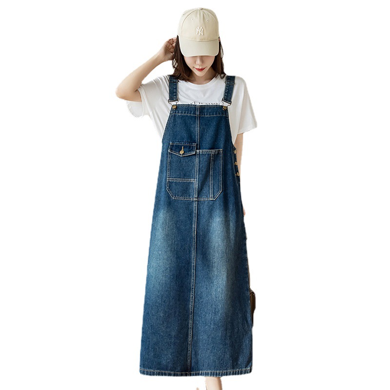 Real Shot Loose Casual All-match Denim Strap Dress Mid-length Slim Dress for Women
