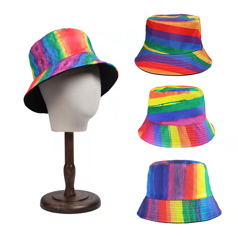 New colorful basin hat color matching ins popular flat top versatile men's and women's rainbow fisherman hat travel double-sided sun hat