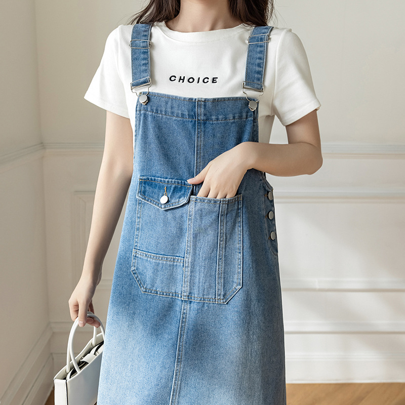 Real Shot Loose Casual All-match Denim Strap Dress Mid-length Slim Dress for Women