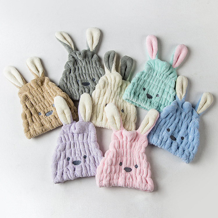 Children's hair cap wholesale coral fleece cartoon rabbit ear absorbent cap female adult shower cap factory wholesale