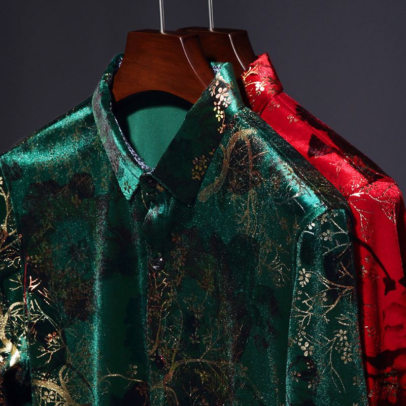 Sequin Print Spring and Autumn New Long-sleeved Shirt Men's Fashion Trendy Brand European and American Men's Boutique High-end Flower Shirt Bronzing