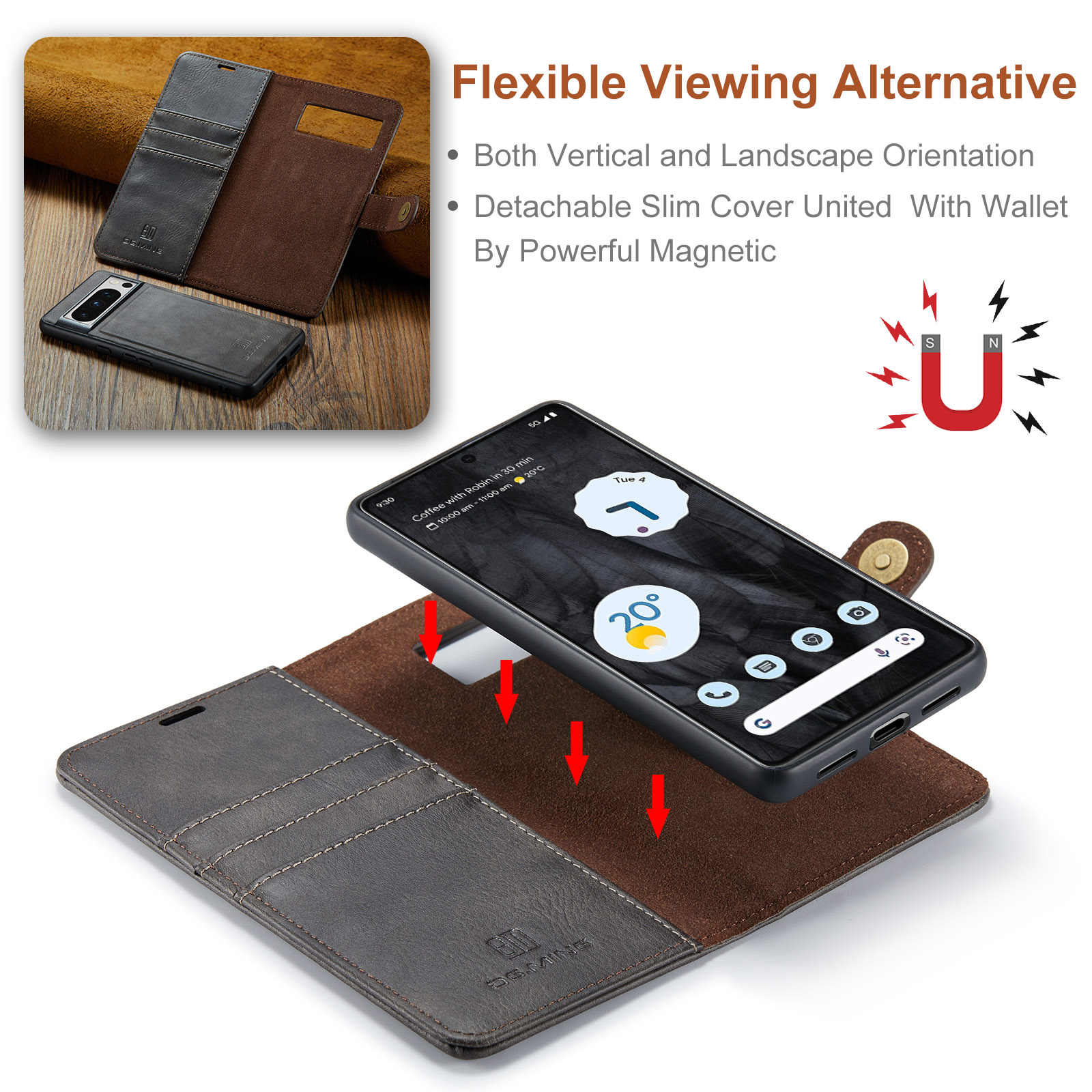 Gilt für Google Pixel 8 Pro Zwei-in-Eins-Hülle aus geteiltem Leder Pixel 8 magnetische Telefonhülle Brieftaschen-Schutzhülle_voghion.com