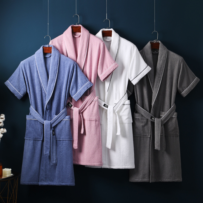 Cotton bathrobe men's and women's short sleeve long hotel cotton nightgown spring and summer absorbent quick-drying couple bathrobe wholesale