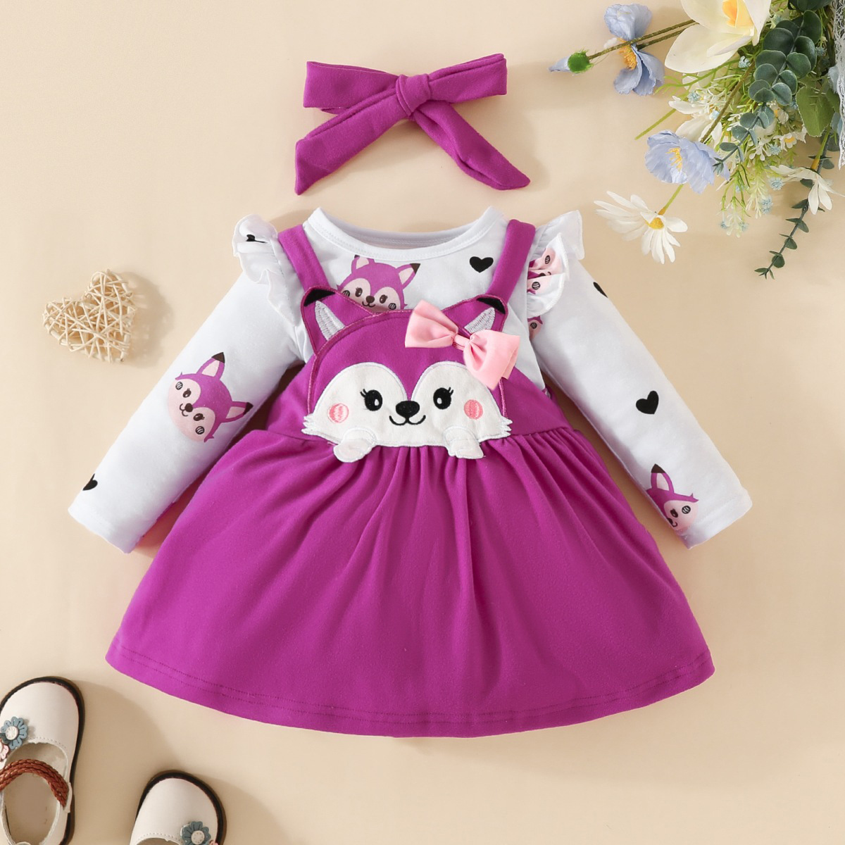Baby autumn and winter cartoon fox love printed long-sleeved romper bow strap dress suit bow fashion