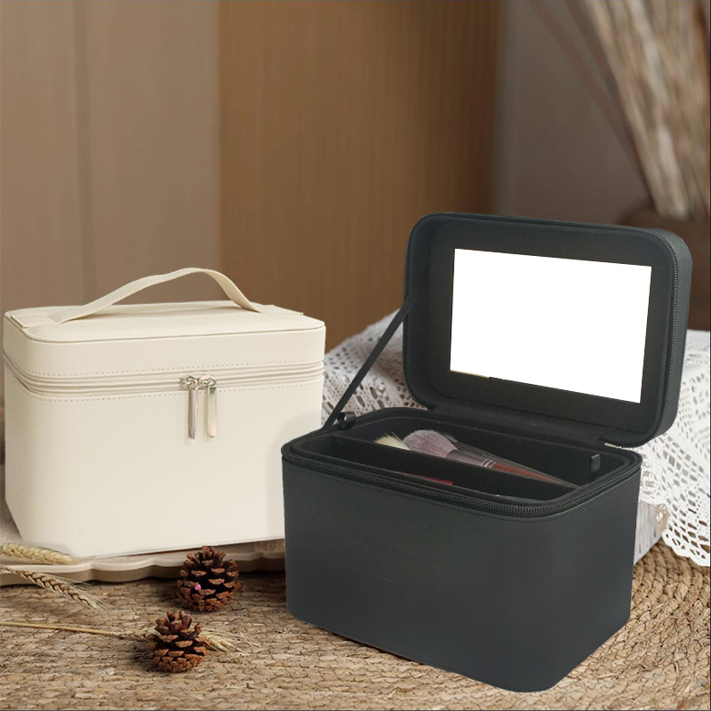 Cross-border cosmetic case portable travel large capacity cosmetic bag portable simple with mirror cosmetic storage box wholesale