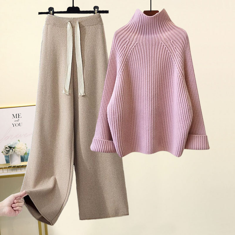 Korean style lazy style suit women's 2023 new autumn and winter thickened thick wool sweater draping wide-leg pants two-piece set