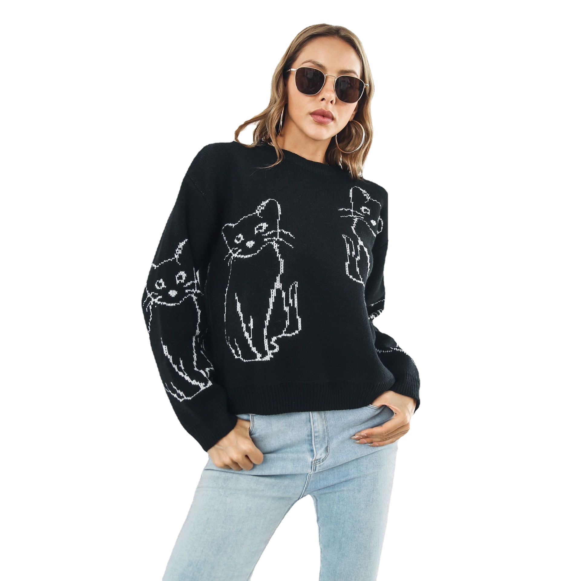 Cat Jacquard Sweater Women's Loose Autumn and Winter Long Sleeve Amazon European and American Knitwear Foreign Trade Cross-border Sweater New