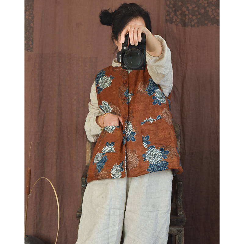 4026 Original fait maison femme Guofeng vintage coton rembourré veste gilet automne et hiver ramie imprimé boucle coton gilet_voghion.com