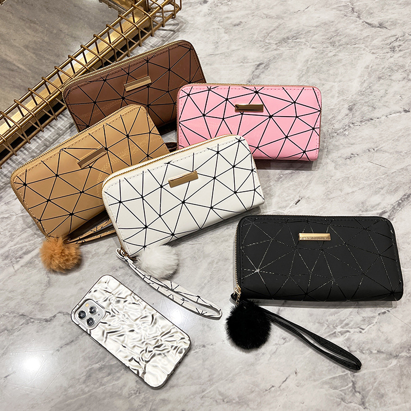 Women's Long Wallet 2022 New Multi-card Korean Double Zipper Clutch Rhombic Fur Ball Women's Wallet