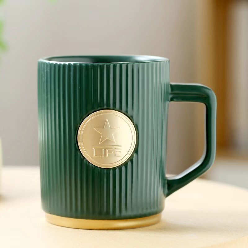Xingba style coffee cup dark green striped copper seal mug matte red black and white ceramic cup water cup can be customized logo