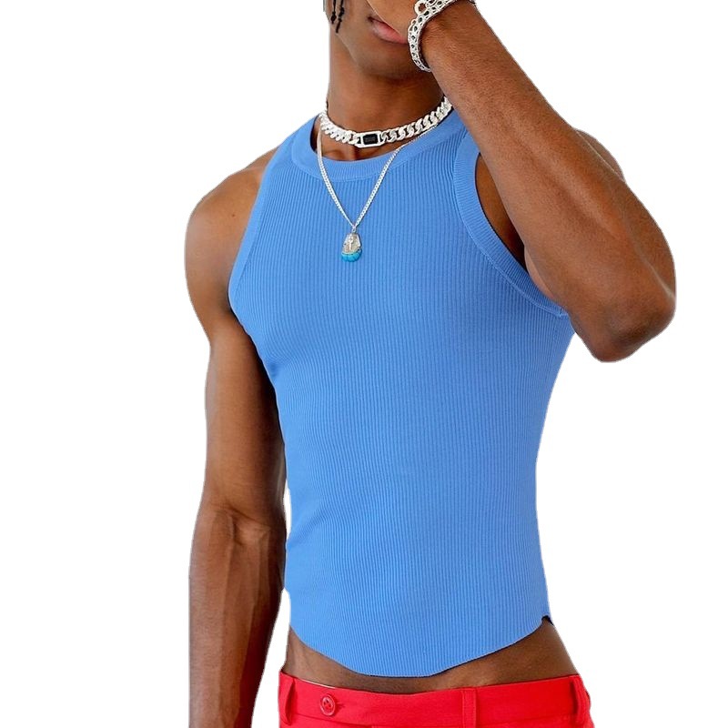 Spot New European and American Irregular Design Solid Color Tight Top Men's Casual Stretch Knitted Sleeveless I-Shape Vest