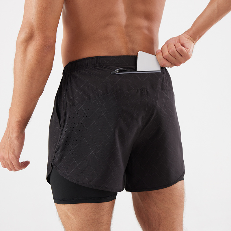 スポーツパンツ男性ランニングマラソン陸上ゆるい三分ズボン速乾内張り防光二重フィットネスパンツ|undefined