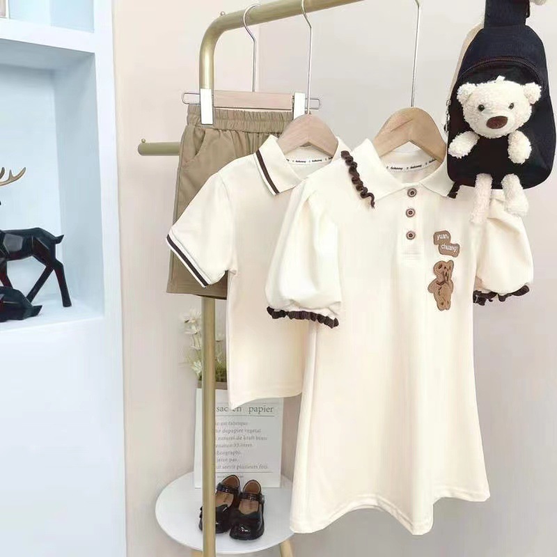Bear embroidered parent-child clothes summer one family three or four mother-child mother-daughter dress baby romper POLO lapel short sleeve