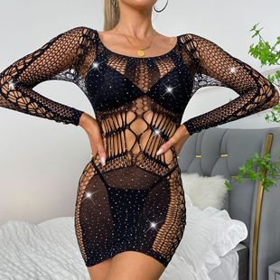 Grenzüberschreitende neue heiße Strass-Overall aus europäischem und amerikanischem Jacquard sexy Dessous aushöhlen einteiliges Mesh sexy Mesh_voghion.com