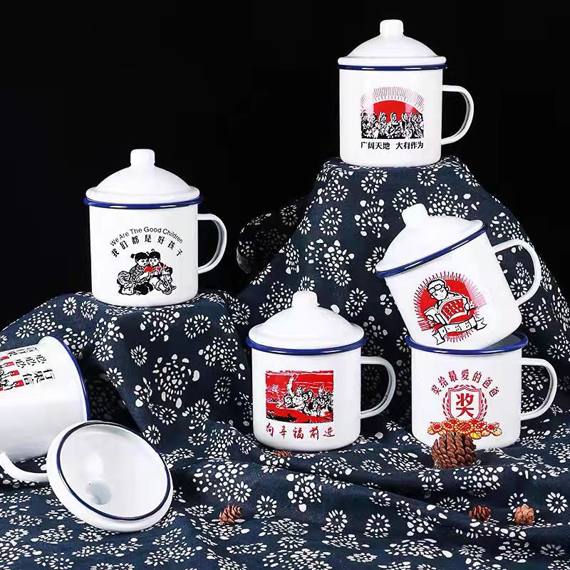 Enamel Cup Old-fashioned Metal Nostalgic Enamel Tea Jar Advertising Gift Imitation Ceramic Cup Retro Quotations Printed logo