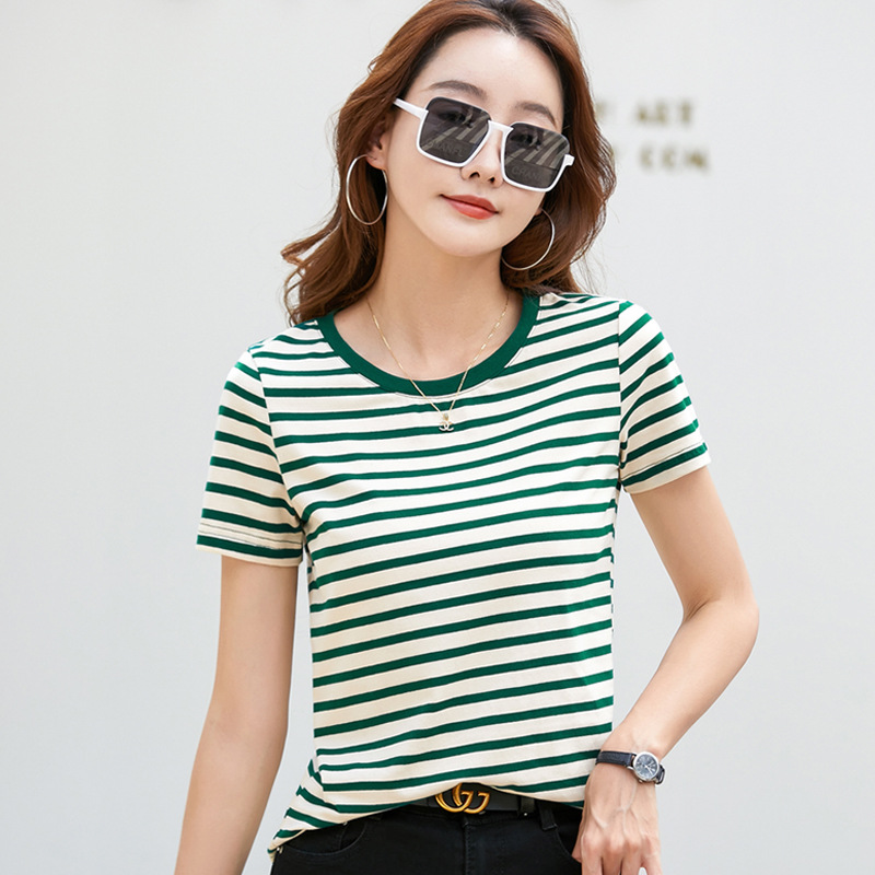 366 Summer Striped Retro Top Korean-style All-match Loose Round Neck Short-sleeve Niche Design Colorful Contrast T-shirt