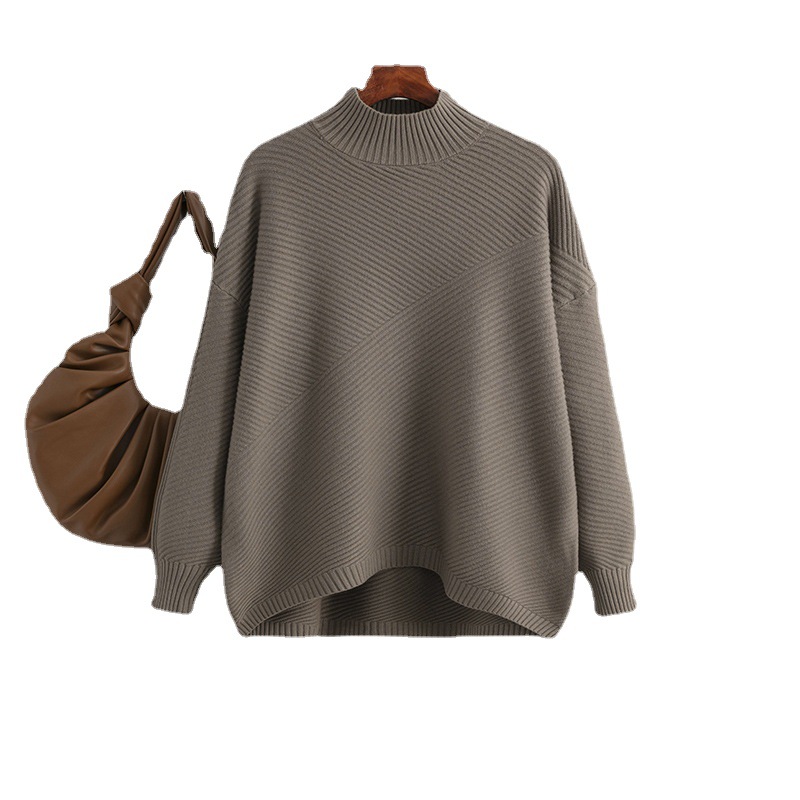 Autumn and Winter New Retro Loose Large Size Long Sleeve Top Solid Color Pullover Sweater Women's Half Turtleneck Sweater Base Shirt