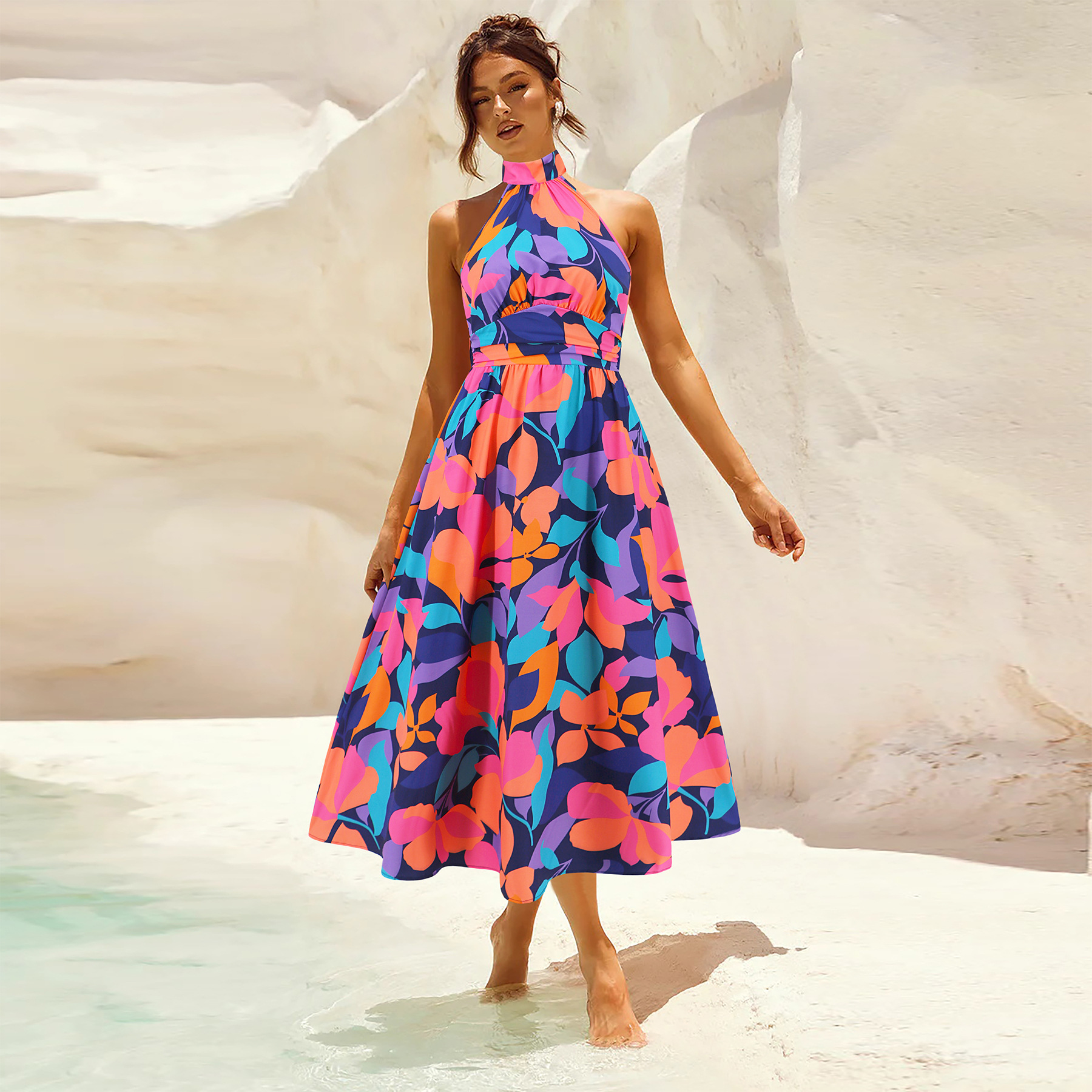 Sexy stand collar sleeveless printed skirt cross-border foreign trade women's new mid-length dress European and American foreign trade explosions