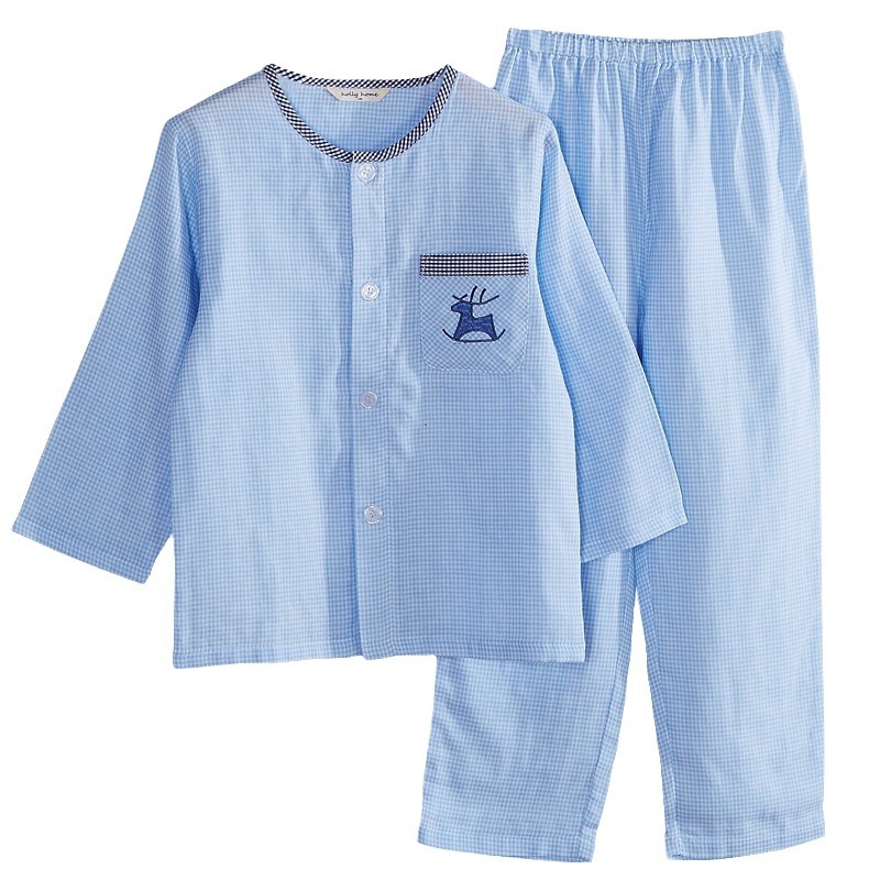 New Boys Long Sleeve Pajamas Cotton Double Gauze Children's Cartoon Cute Cotton Cardigan Home Clothes Set