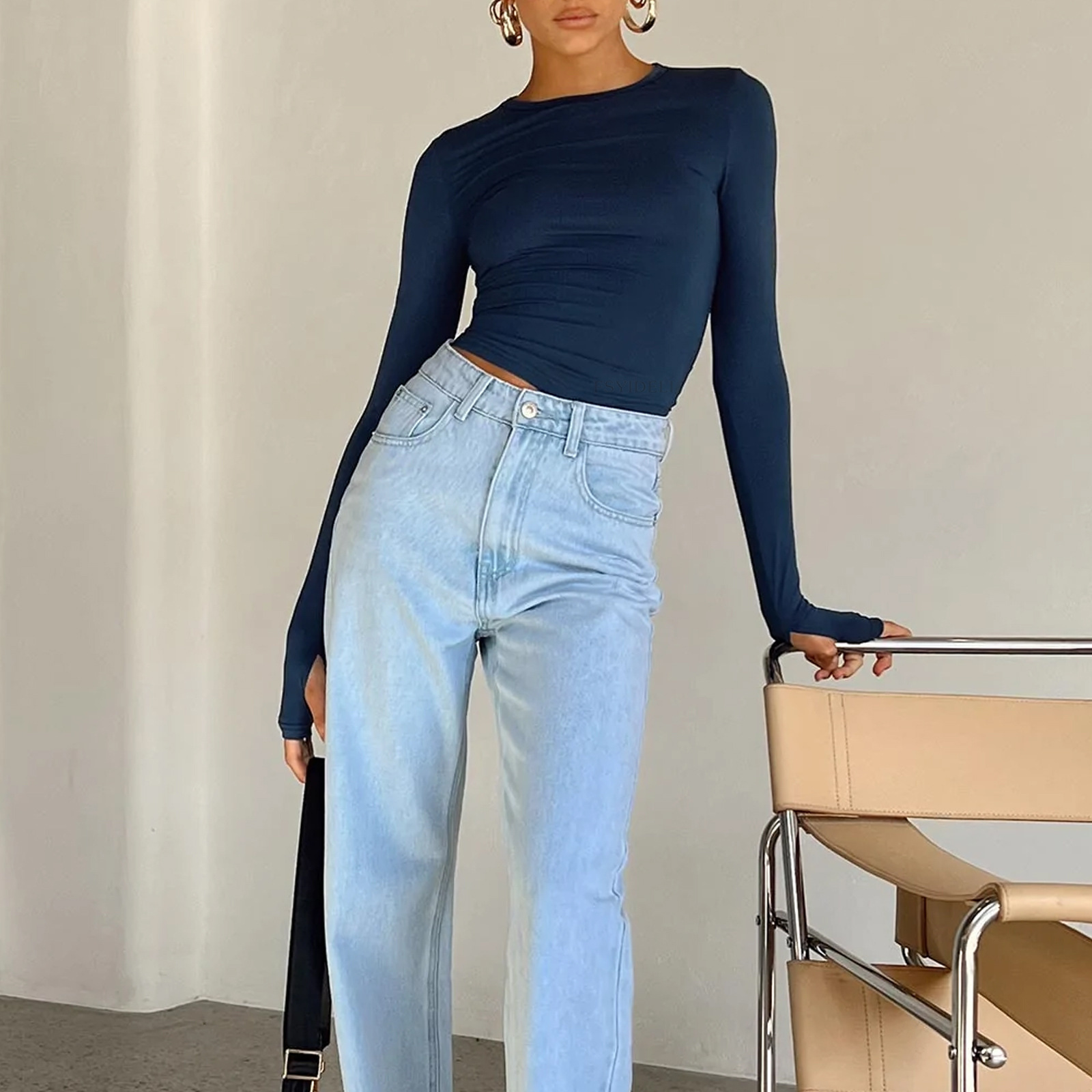 European and American Women's Solid Color Base Crew Neck Cuff Hole T-shirt Spice Girls Slim-fit Slimming Long Sleeve Top T-shirt Spring Autumn Winter