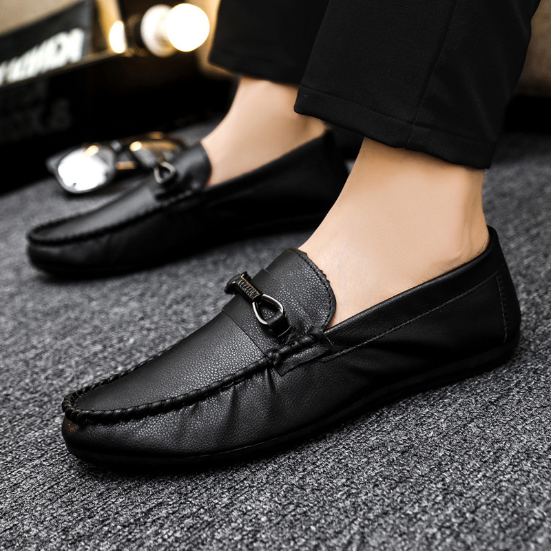 Spring and Summer Men's Shoes Low-top Bean Shoes All-match Casual Shoes Breathable Leather Shoes Black Work Shoes Slip-on