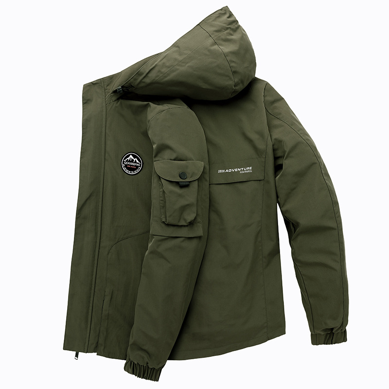 Cross-border Amazon 2023 Spring Men's Outdoor Jacket Large Size Men's Trenchcoat Removable Cap Solid Color Jacket