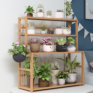Simple Desktop Living Room Flower Shelf Bookshelf Home Office Storage Rack Kitchen Storage Rack Bamboo Shelf Wooden Rack