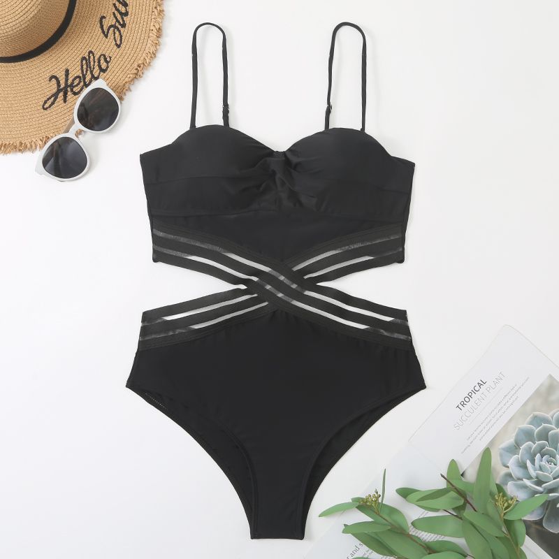New European and American Sexy Black Triangle One-piece Swimsuit Women's Steel-braced Hard-packed High Waist Bikini Cross-border Foreign Trade