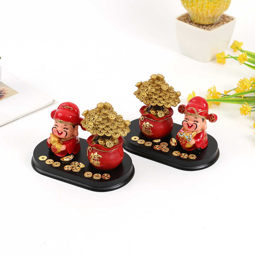 Resin God of Wealth Desktop Decorative Small Ornaments Creative Home Q Version God of Wealth Copper Money Fortune Tree Car Ornaments