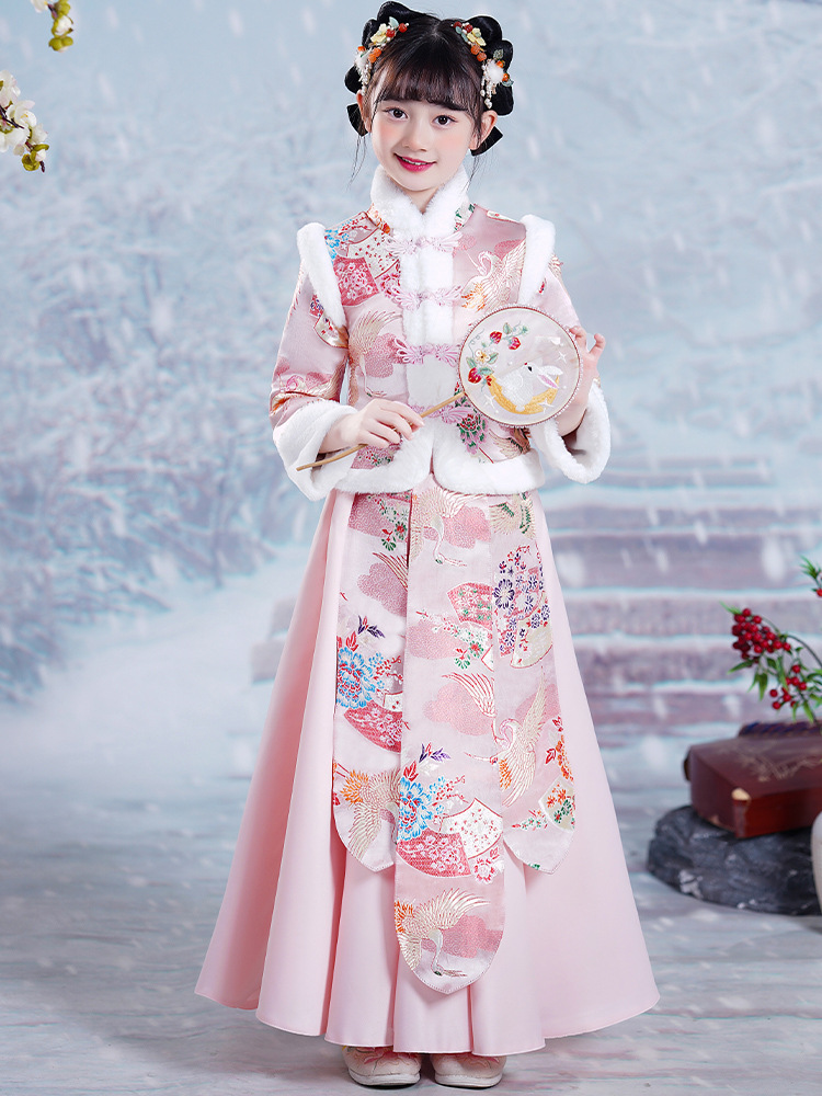 Children's New Year greeting clothes winter Hanfu girls' autumn and winter ancient style super fairy ancient costume classical princess dress fleece-lined thickened winter dress