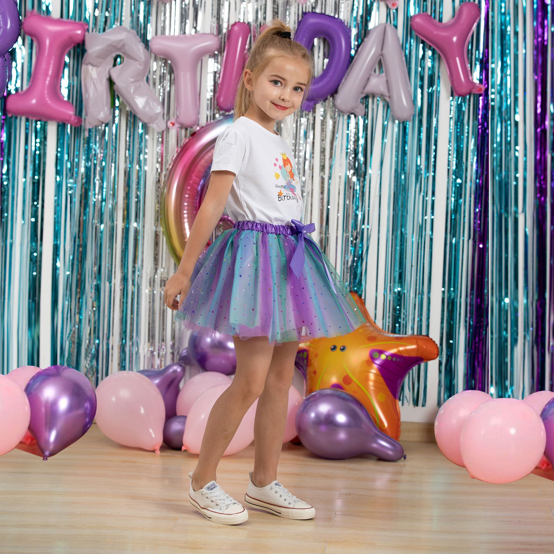 Girl's Bust Skirt with Lining Convex Skirt with Bow Hairpin Star Moon Mesh Tutu Skirt Children's Wear