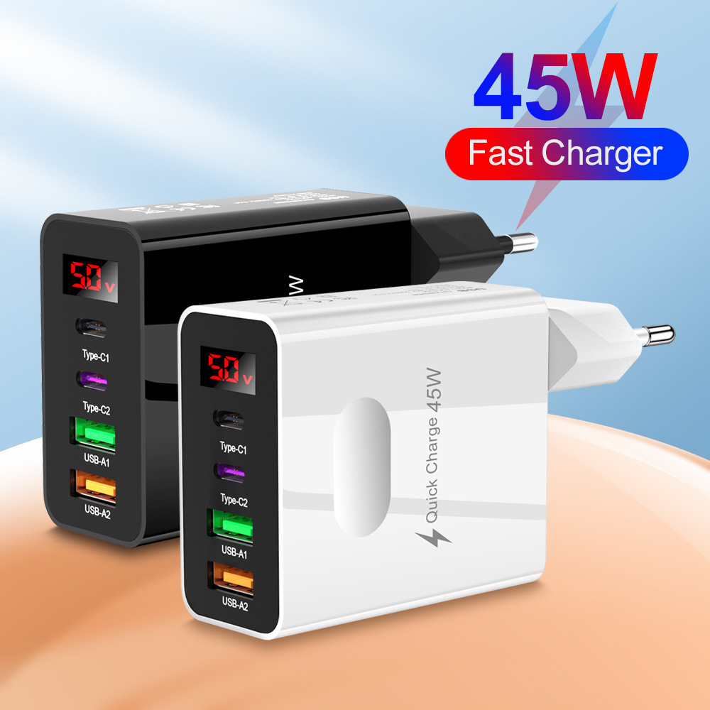 Digital display 2USB + 2Type-c digital display mobile phone charger multi-port charging head European and American British plug