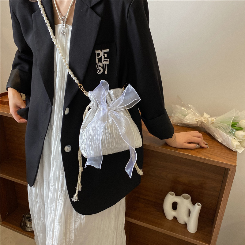 2022 Korean Style Lace Small Bag Women's Crossbody Shoulder Styish Small Bag Fairy Handbag Pearl Chain Bucket Bag