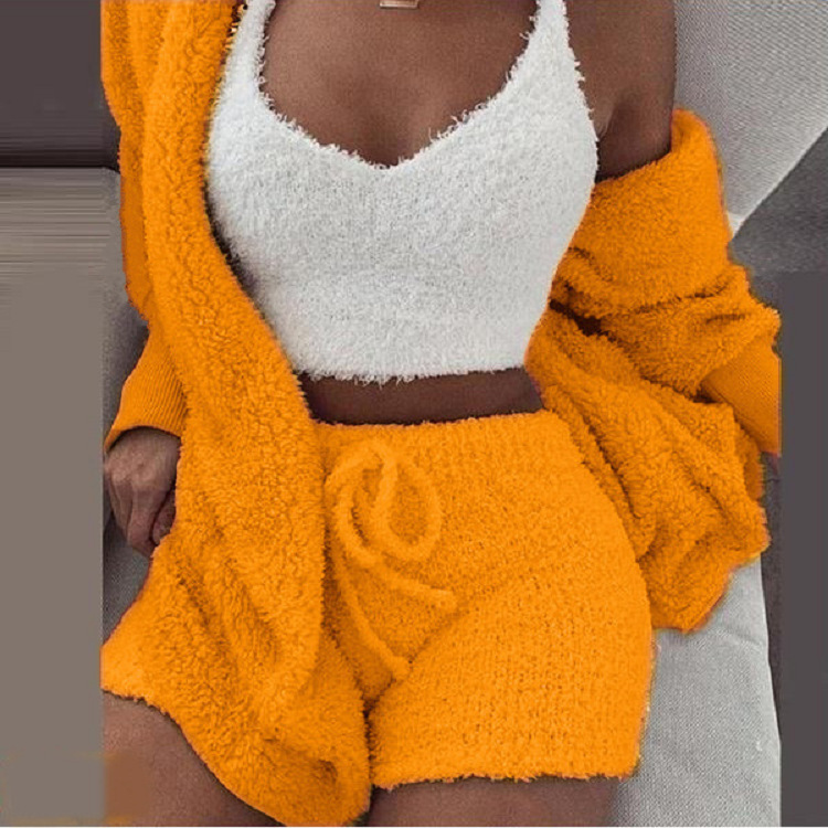 in stock Cross-border Women's Clothing Europe and America 2022 Autumn and Winter Plush Home Clothes Casual Three-piece Jacket Long-sleeved Navel Vest