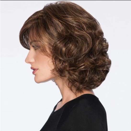 European and American wig women's oblique bangs short curly hair fluffy brown short hair fashion Chemical Fiber Brown short curly hair wigs spot