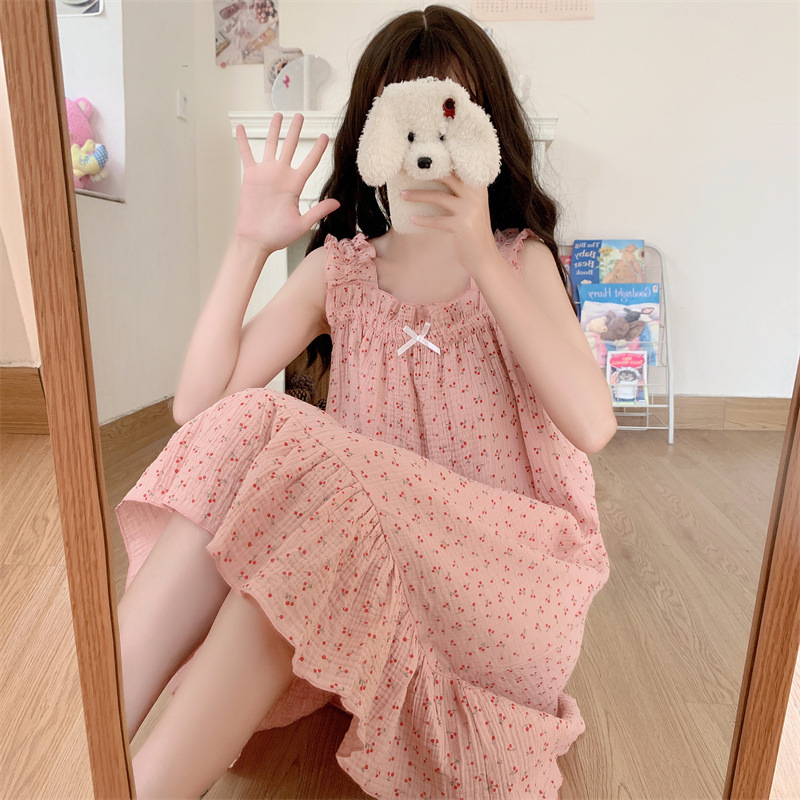 Bubble Wrinkled Pajamas Women's Nightgown Short Sleeve Korean Loose Korean Loose Cute Girls' Heart Sling Home Clothes Cross-border Wholesale