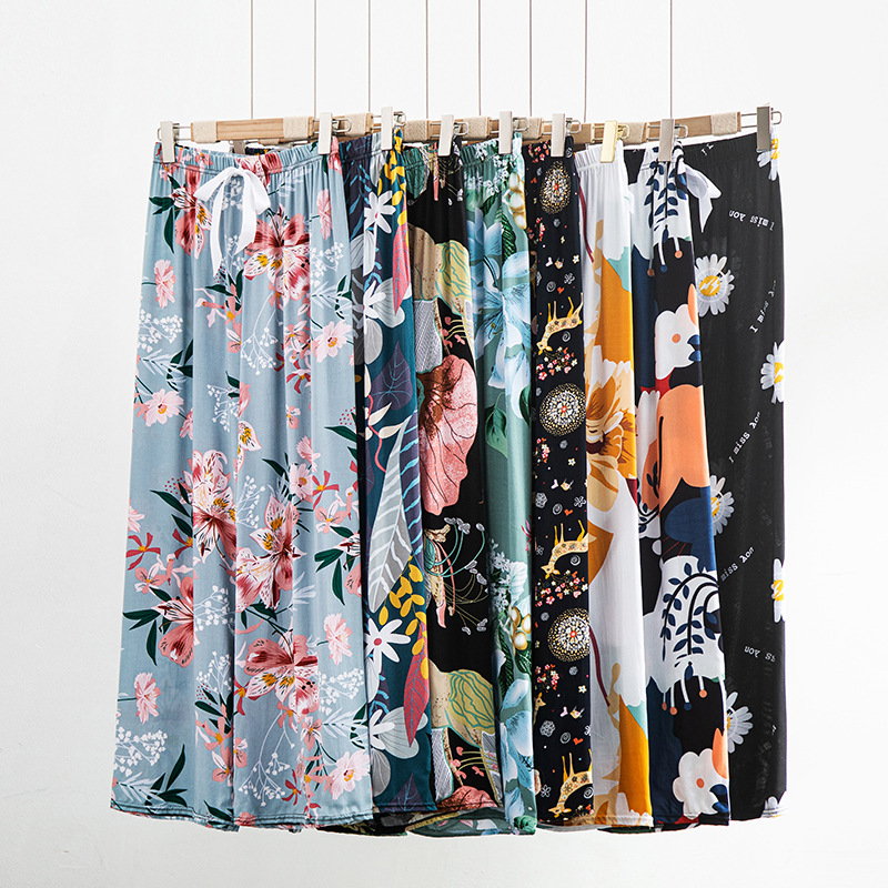 Women's cotton silk pajama pants summer thin cartoon printed loose wide-leg pants pregnant women can wear outside plus size home casual pants