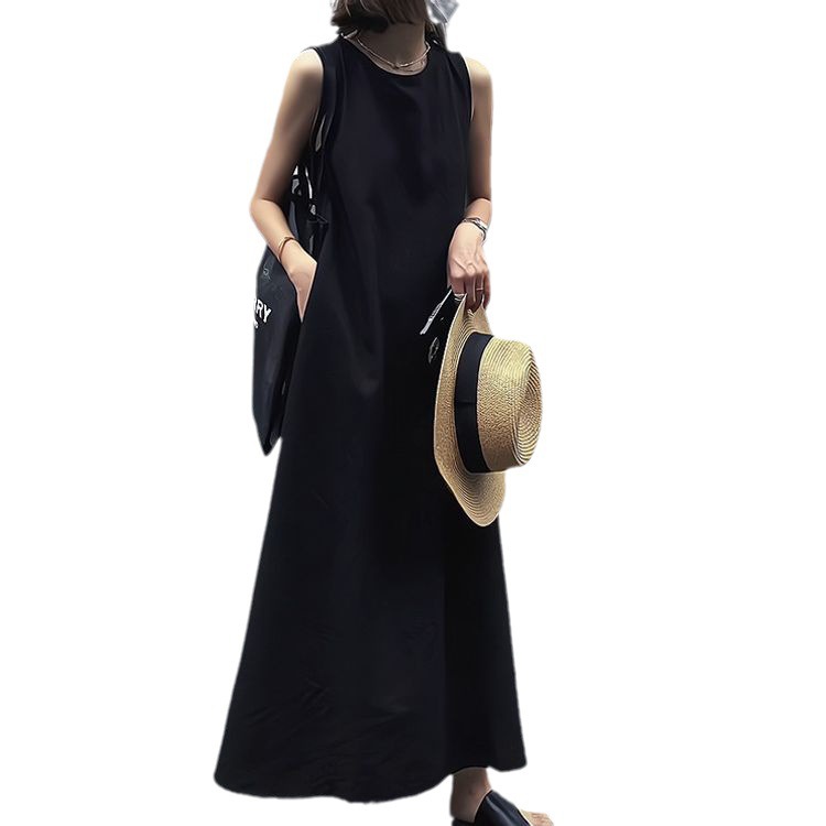 2024 New French Style Hepburn Style Long Dress Women's Summer Chic and Unique Black Back Hollow-Out Sleeveless Vest