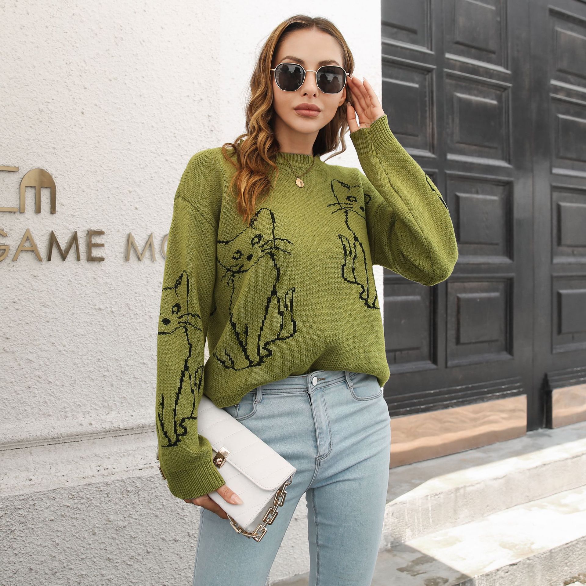 Cat Jacquard Sweater Women's Loose Autumn and Winter Long Sleeve Amazon European and American Knitwear Foreign Trade Cross-border Sweater New