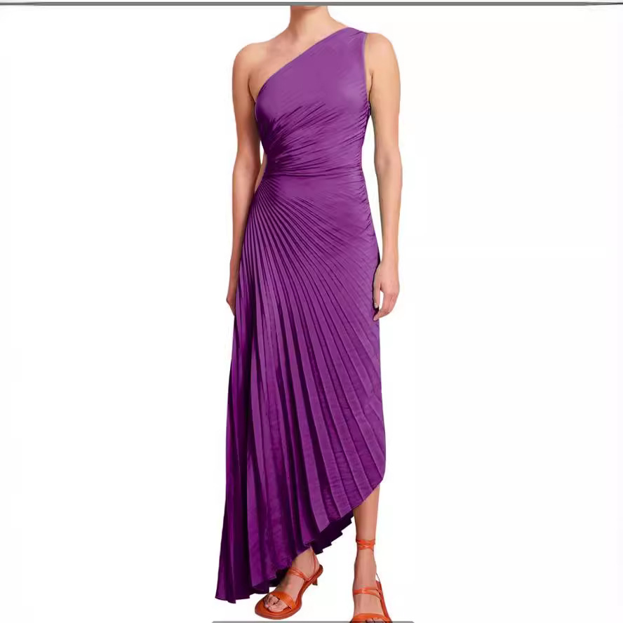 2023 European and American women's cross-border Amazon explosions new one-shoulder diagonal collar pleated hollow dress (satin)