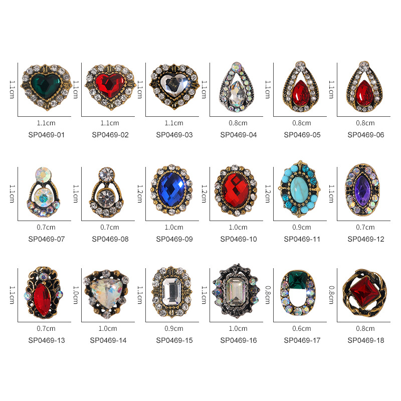 Vintage alloy nail jewelry full diamond heart red hollow love water drop square drill big diamond nail decoration wholesale