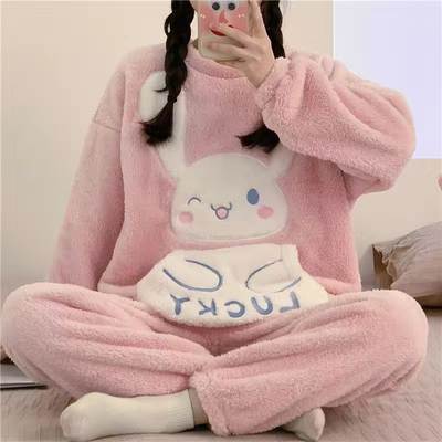 Autumn and Winter Flannel Pajamas Women's Crewneck Coral Fleece Cute Fleece-Lined Thickened Two-Piece Home Clothes Cartoon Hair