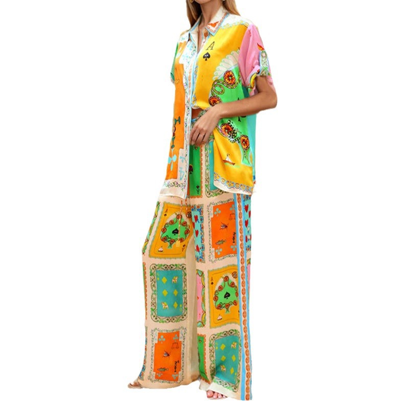 2025 independent station European and American women's printed color matching elastic waist pocket wide leg casual fashion suit women's two-piece set