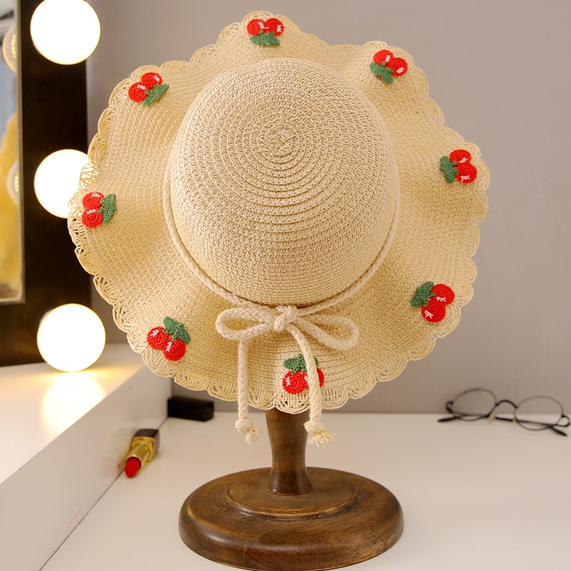 Children's Cherry Straw Hat Summer Sun Hat Seaside Vacation Sun Hat Sunscreen Girl Kids Set Hat