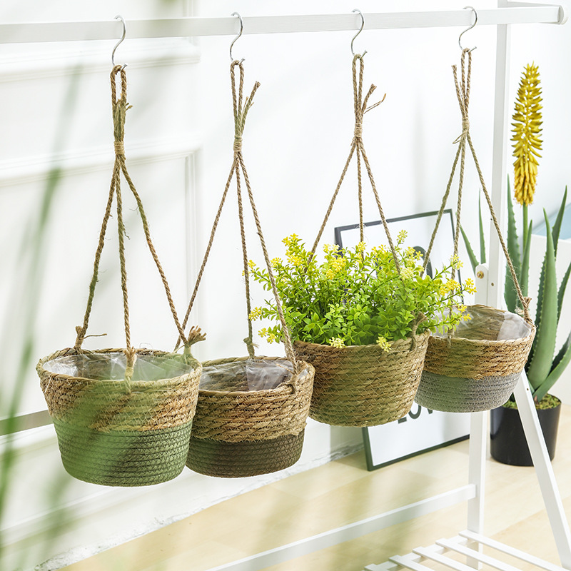 Straw flower pot flower pot home woven flower basket balcony creative decoration planting green radish hanging pot hanging pot