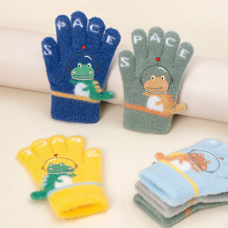 Boys Autumn and Winter Cartoon Cute Dinosaur Kindergarten Baby Knitted Warm Cold-proof Five-finger Wool Children's Gloves