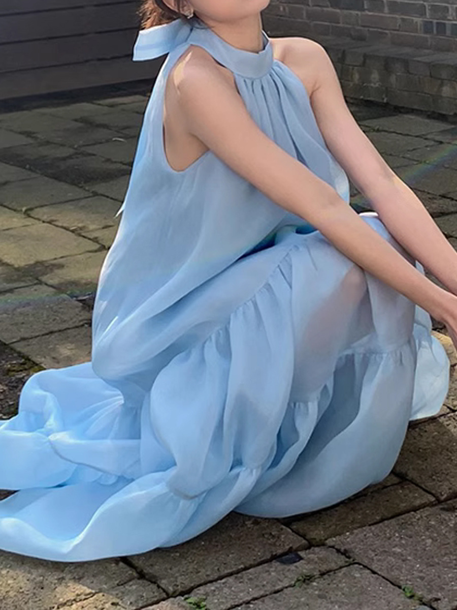 Star White Deer Same Style Blue Bow Neck Sling Dress French Romantic Long Dress Seaside Holiday Dress