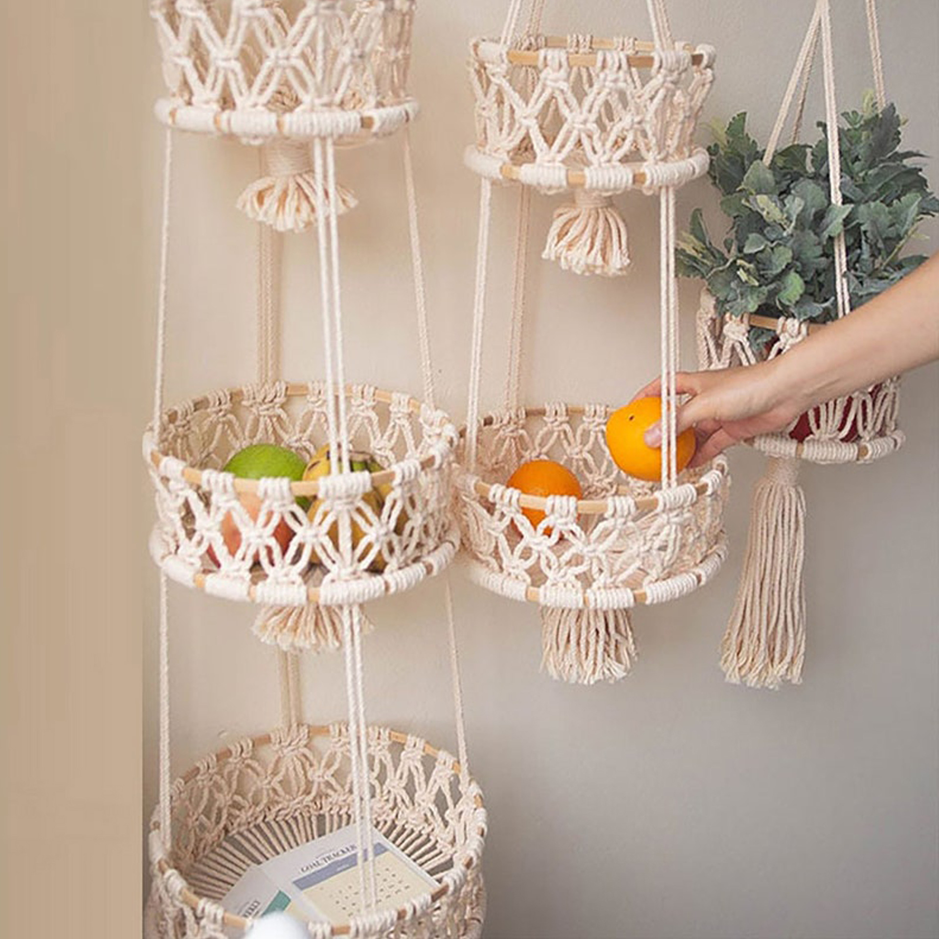 Hand-woven cotton rope storage basket kitchen vegetable and fruit wall hanging basket Nordic style gardening plant hanging basket Amazon