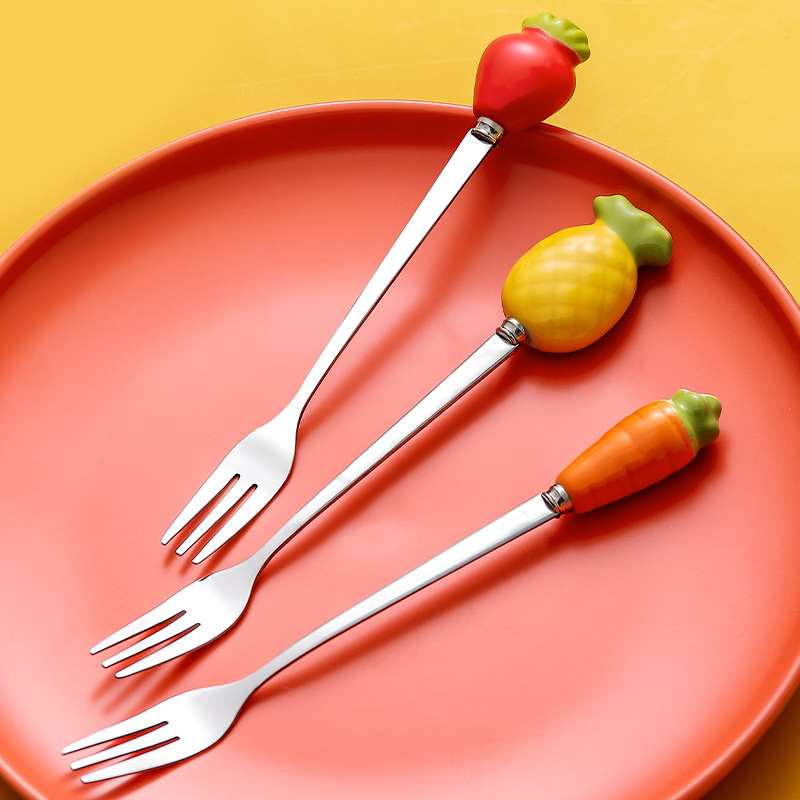 Creative personality ceramic handle small fork cartoon stainless steel fruit fork snack moon cake fork stainless steel coffee spoon