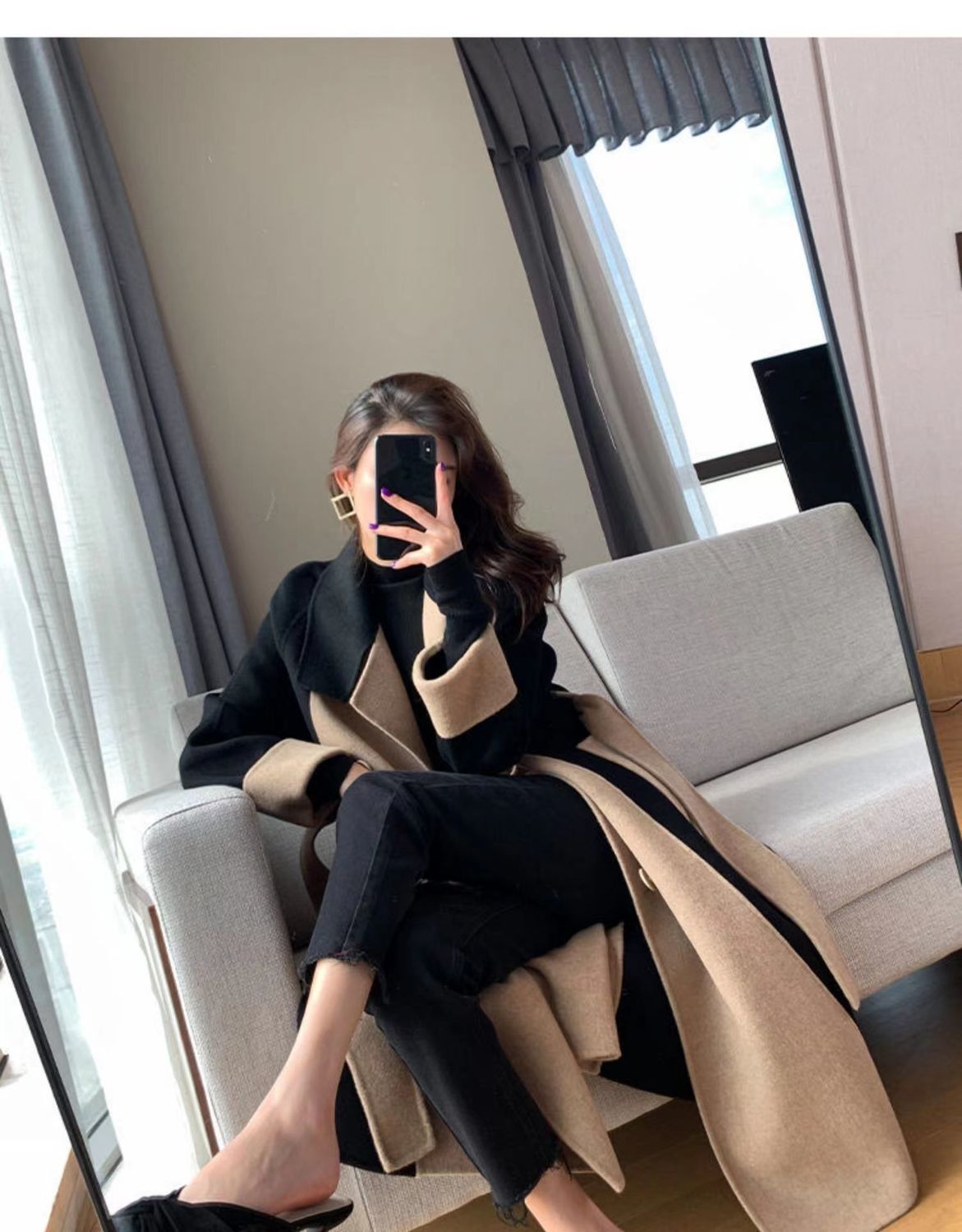 Uldfrakke Dame lang 2023 vinter Ny dobbeltsidet fleece uld farveblok Elegant Hepburn stil slankende frakke_voghion.com